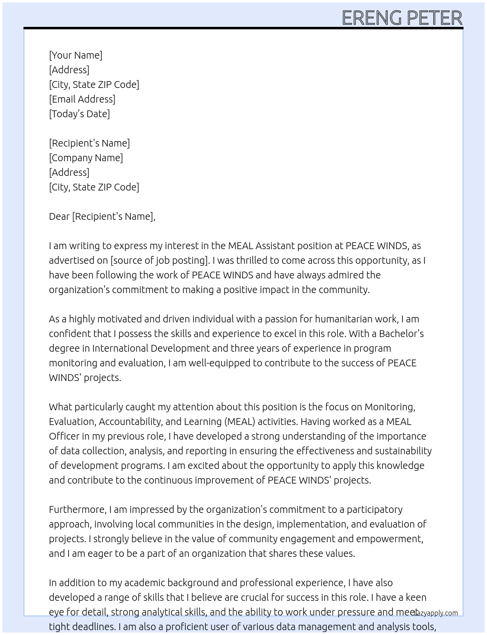 MEAL ASSISTANT At PEACE WINDS Cover Letter