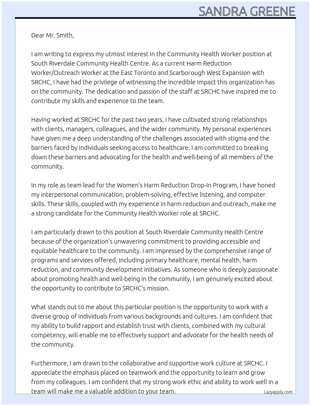 Community Health Worker At South Riverdale Community Health Centre Cover Letter