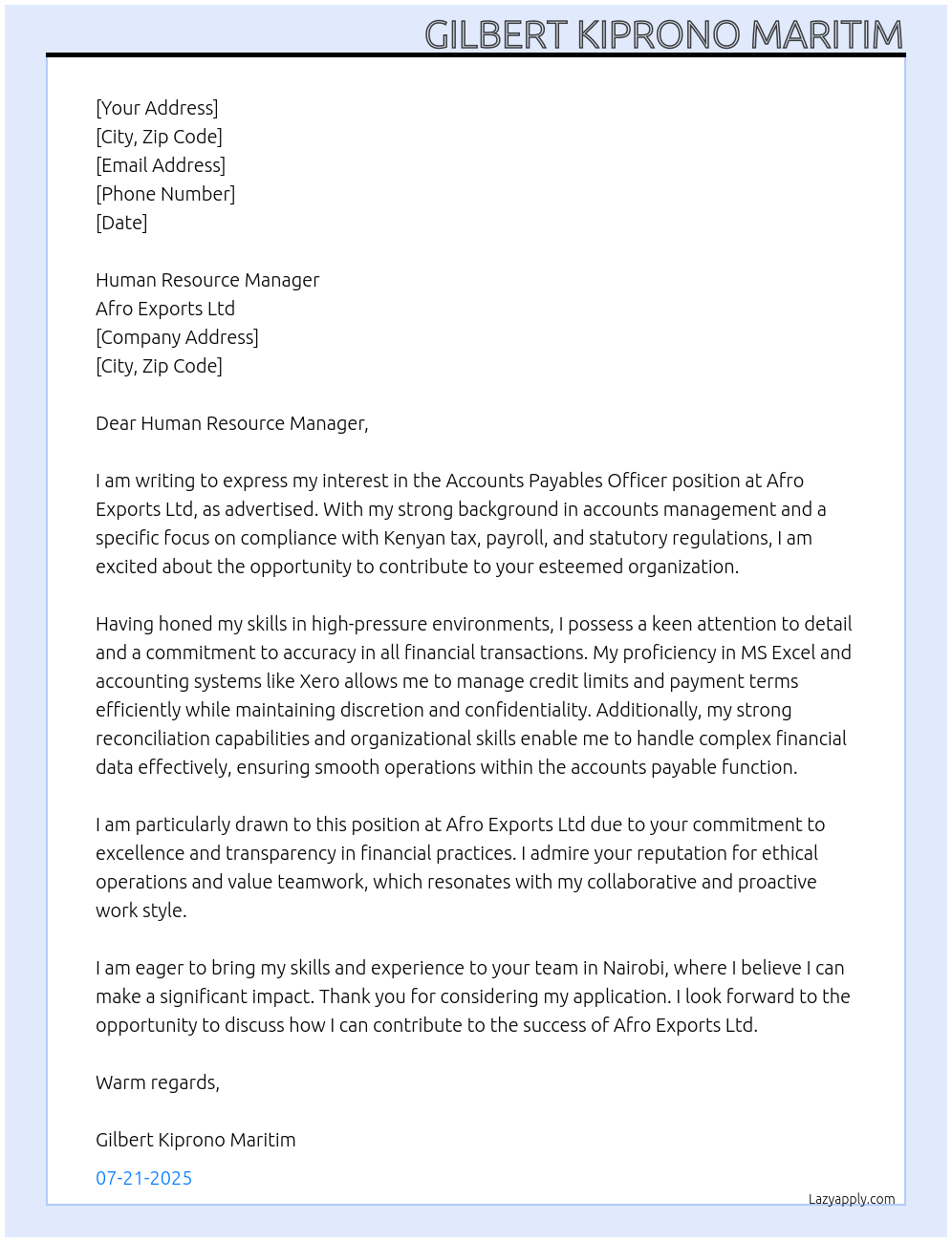 Accounts Payables Officer At Afro Exports Ltd Cover Letter