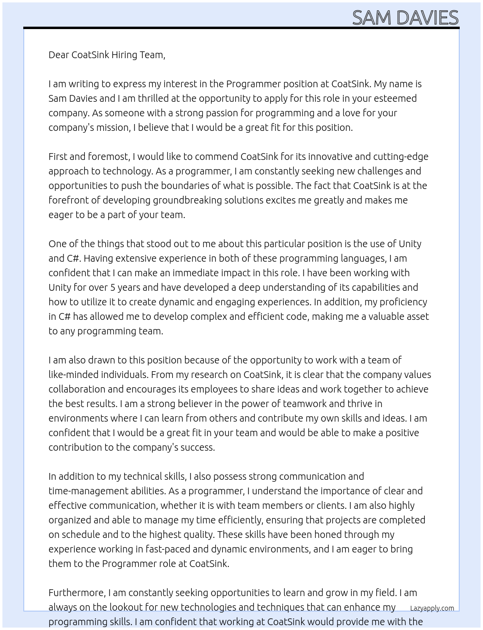 Programmer At CoatSink Cover Letter