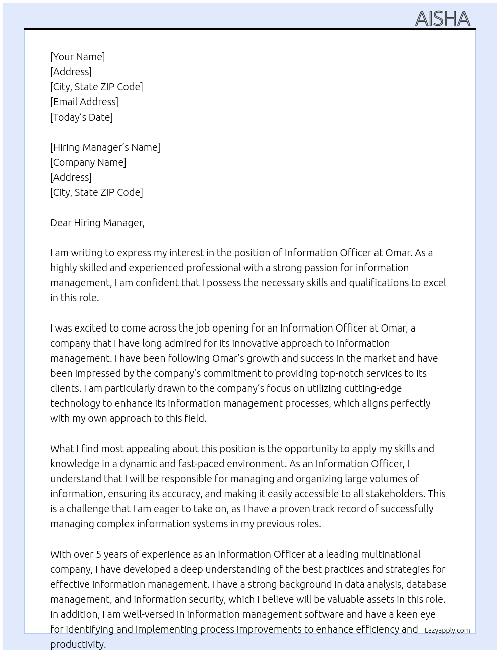 Information Officer At Omar Cover Letter
