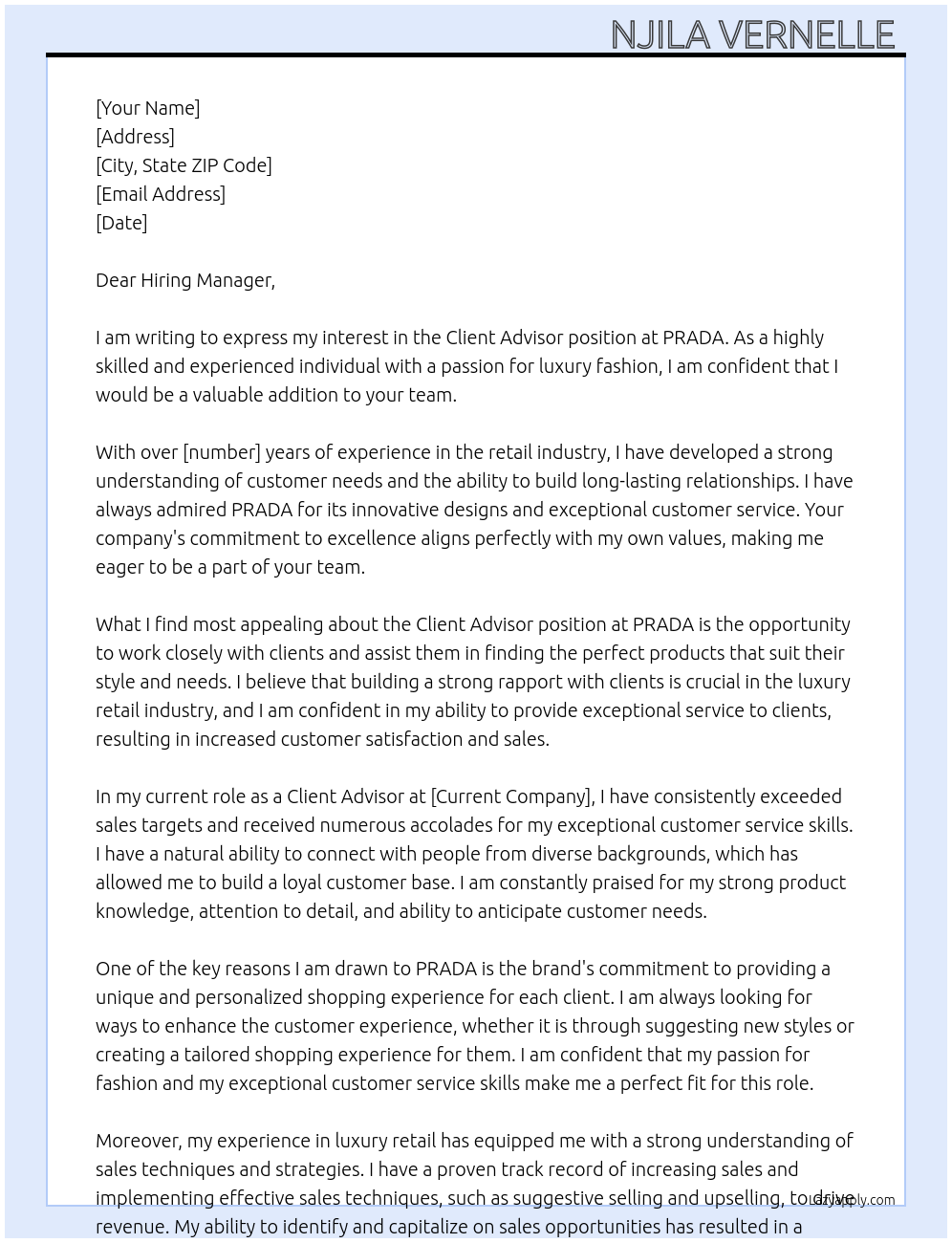 Client advisor At PRADA Cover Letter