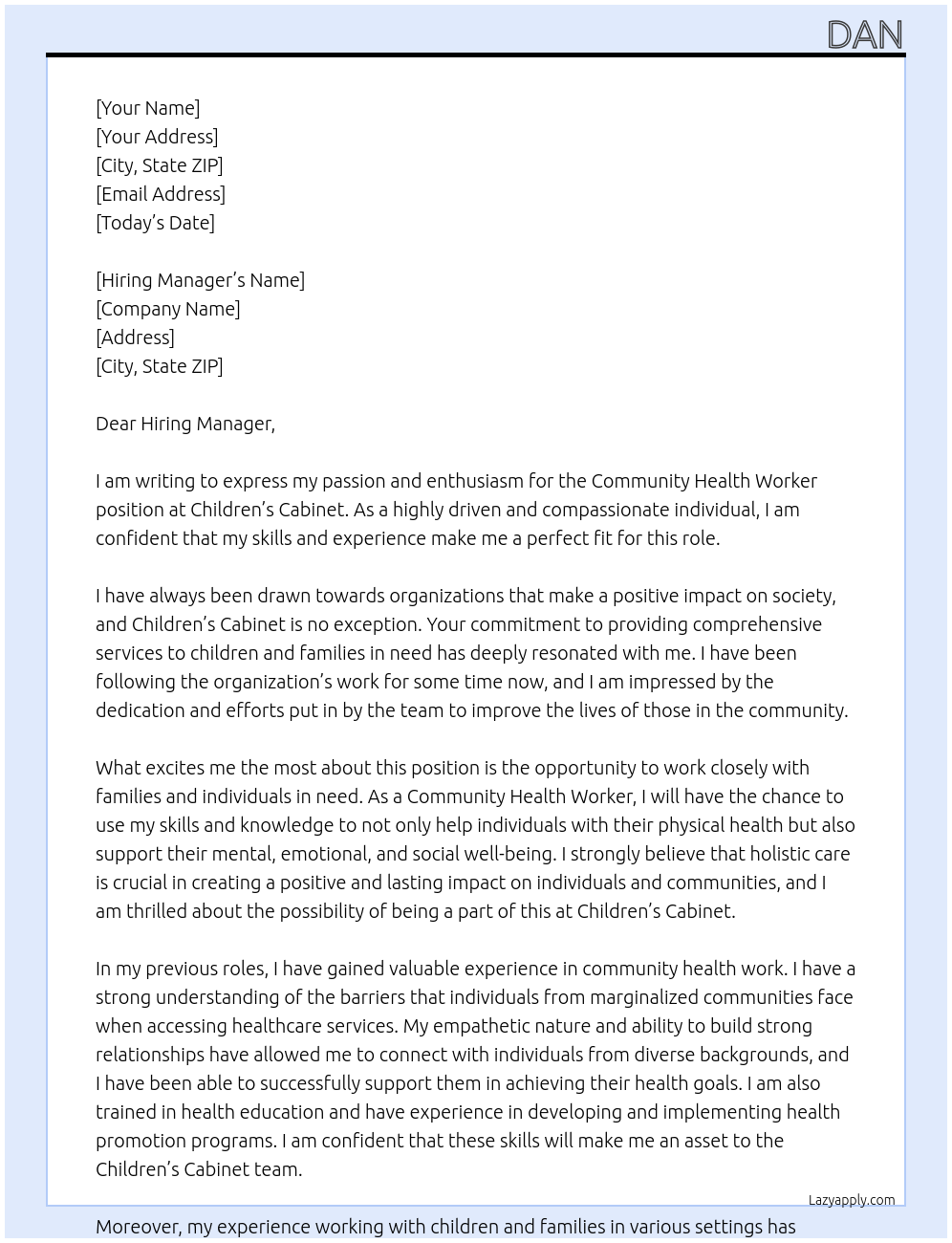Community Health Worker At Children's Cabinet Cover Letter