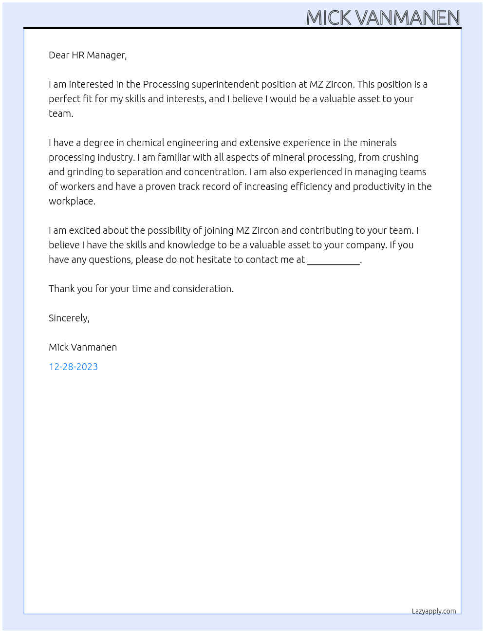 Processing superintendent At MZ Zircon Cover Letter