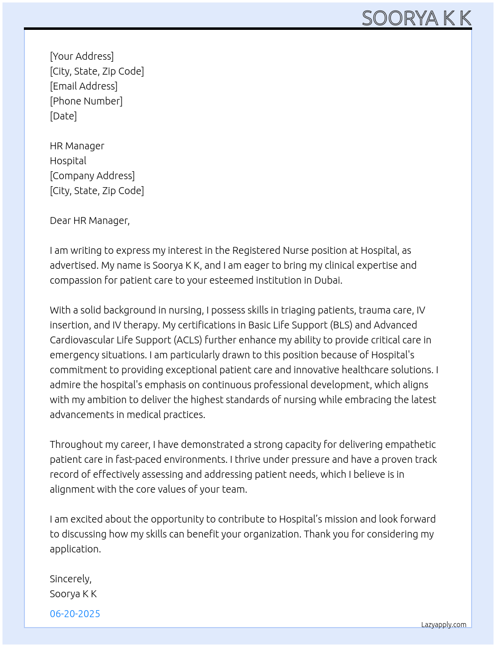 Registered nurse At Hospital Cover Letter