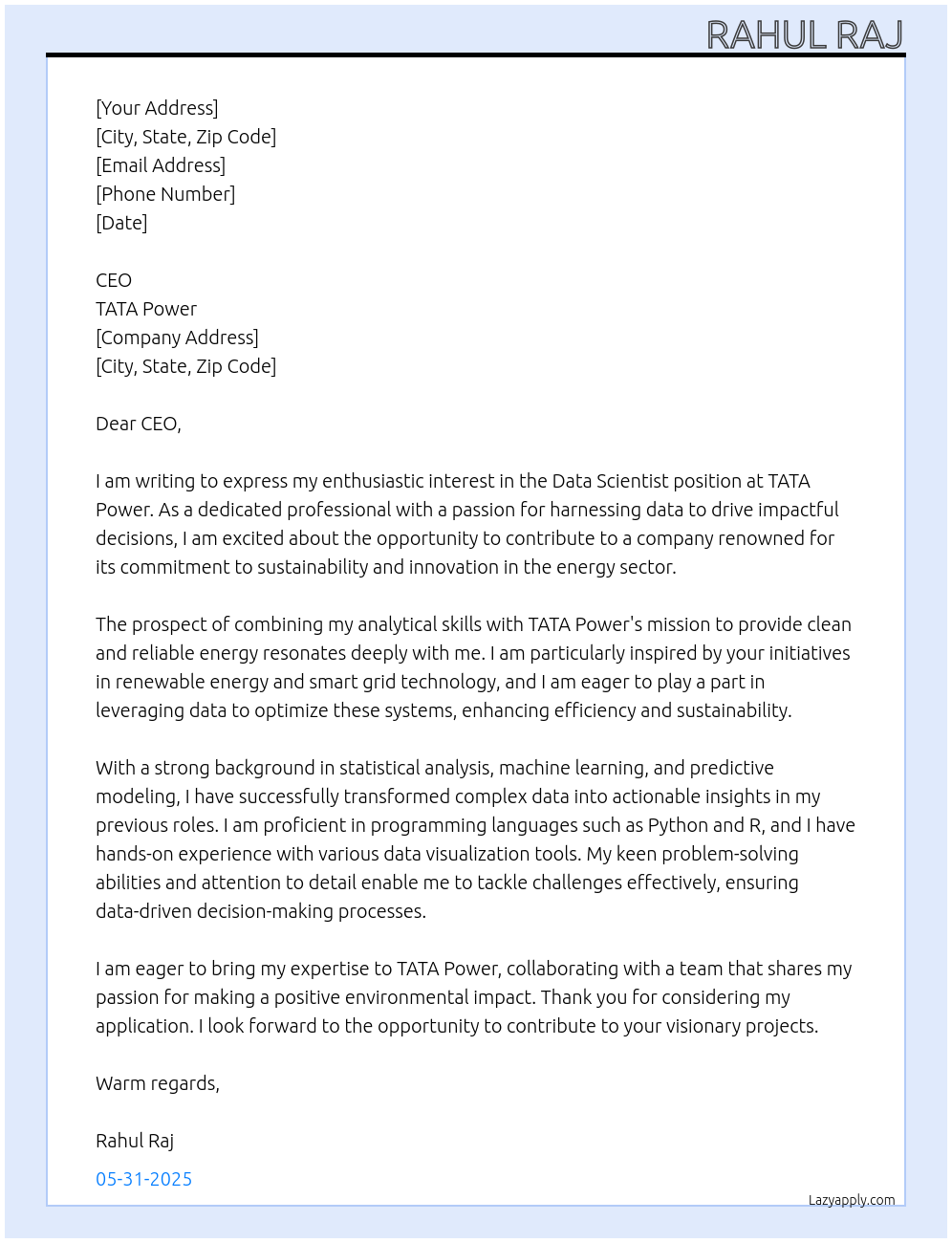 Data scientist At TATA Power Cover Letter