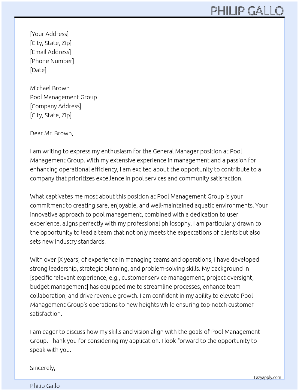 General Manager At Pool Management Group Cover Letter