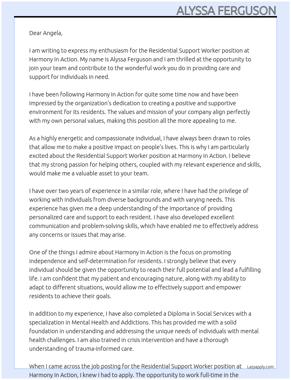 Cover letter for residential support worker - LazyApply