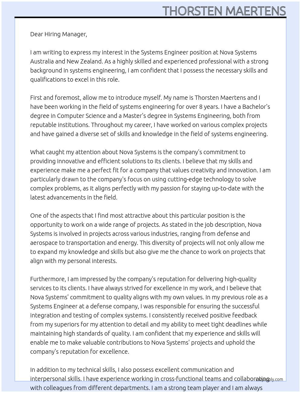 Systems Engineer At Nova Systems Australia and New Zealand Cover Letter