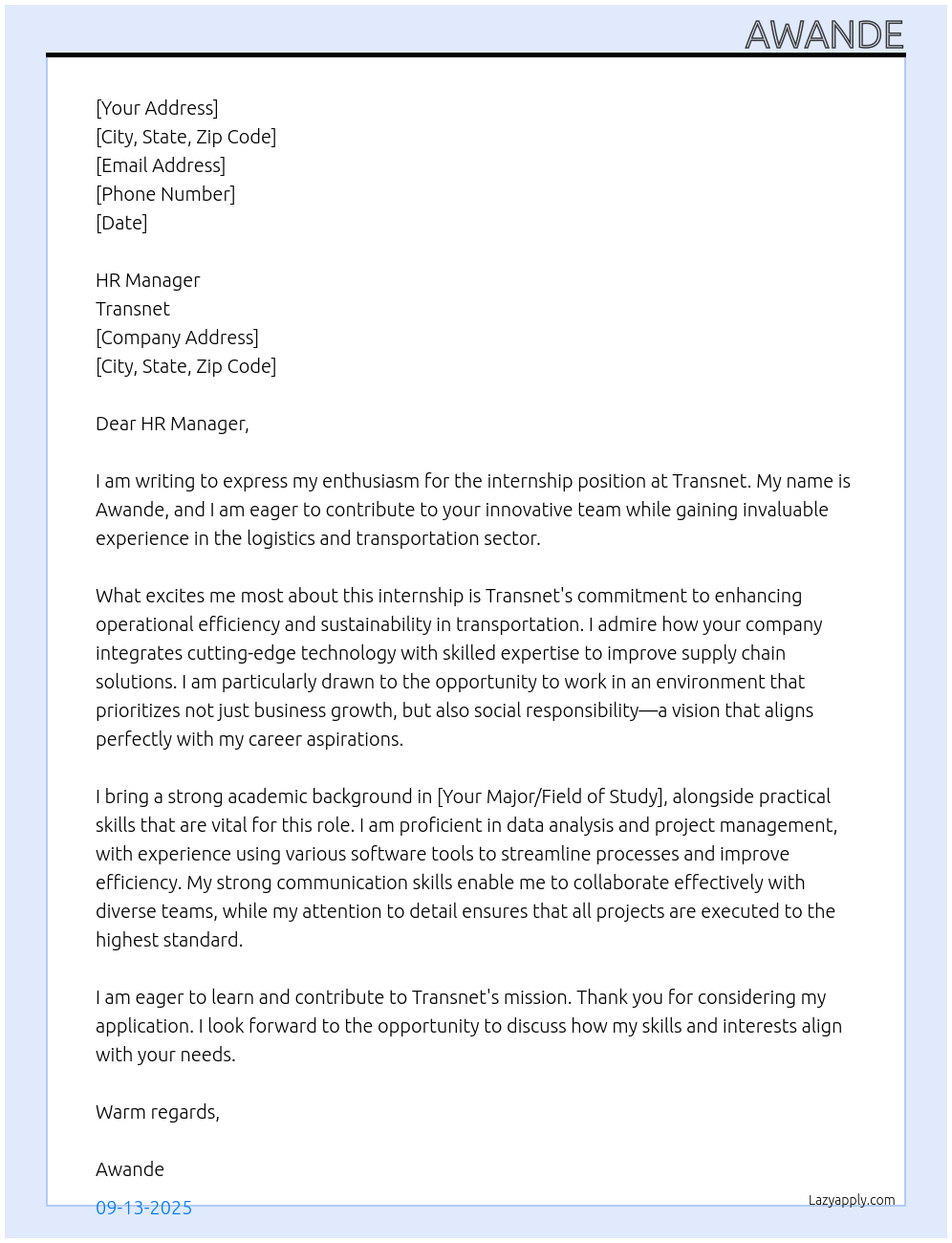 internship At transnet Cover Letter