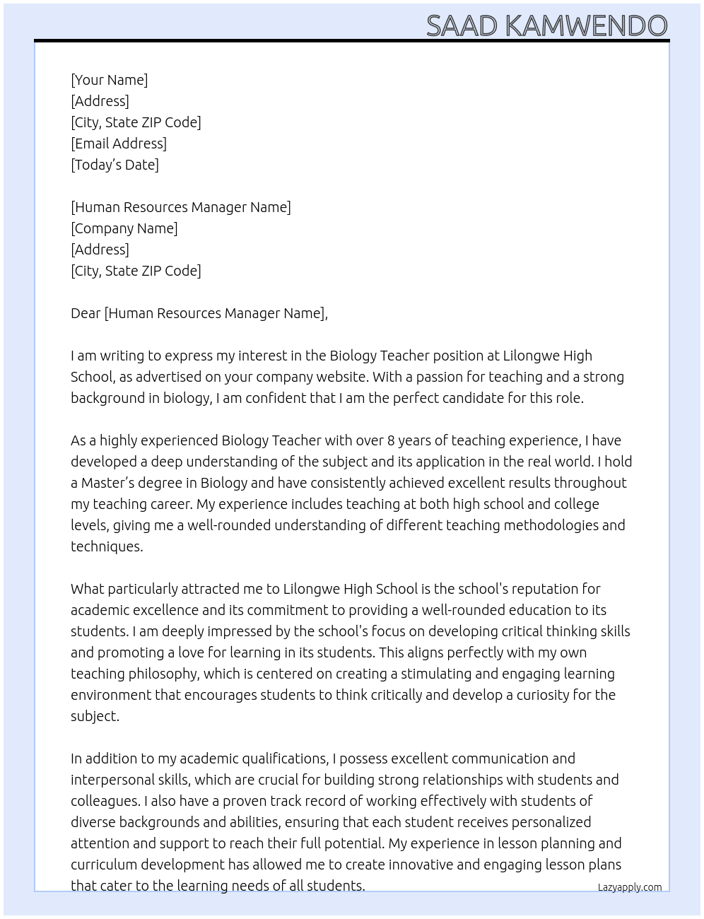 Biology teacher  At Lilongwe high school  Cover Letter