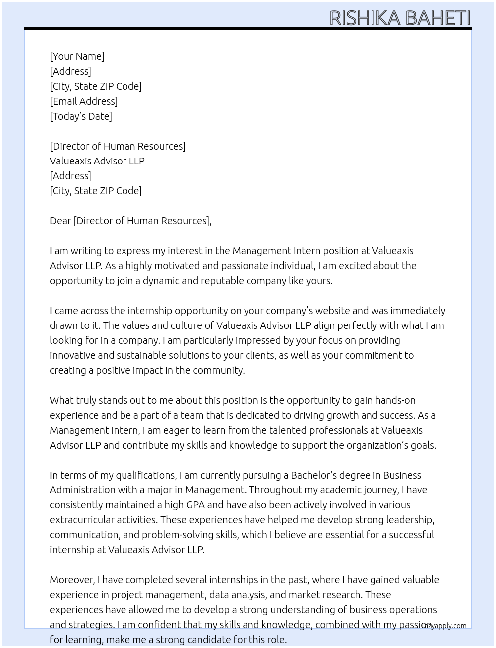 Management Intern At Valueaxis Advisor LLP Cover Letter