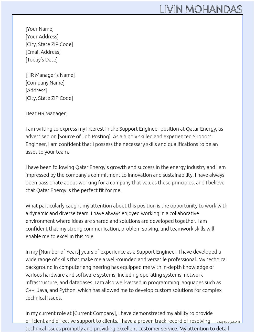 Support Engineer At Qatar Energy Cover Letter