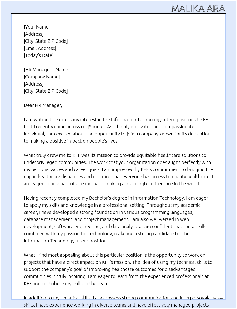 Information Technology Intern At KFF Cover Letter