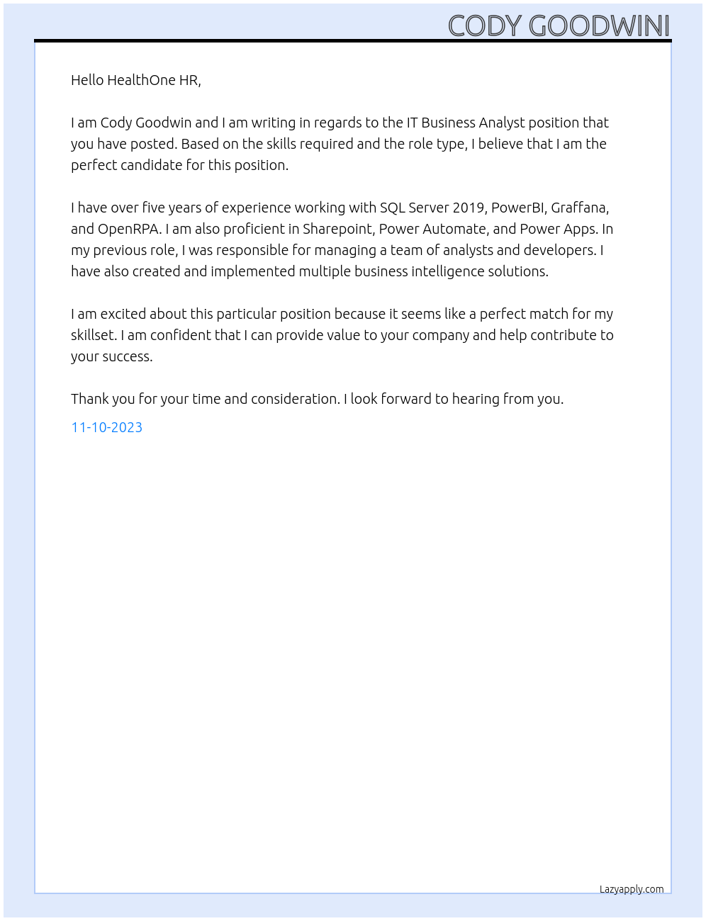 IT Business Analyst At HealthOne Cover Letter