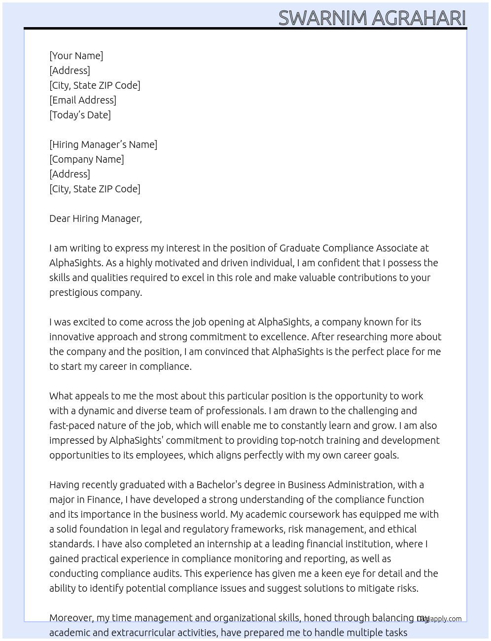 Graduate Compliance Associate At AlphaSights Cover Letter