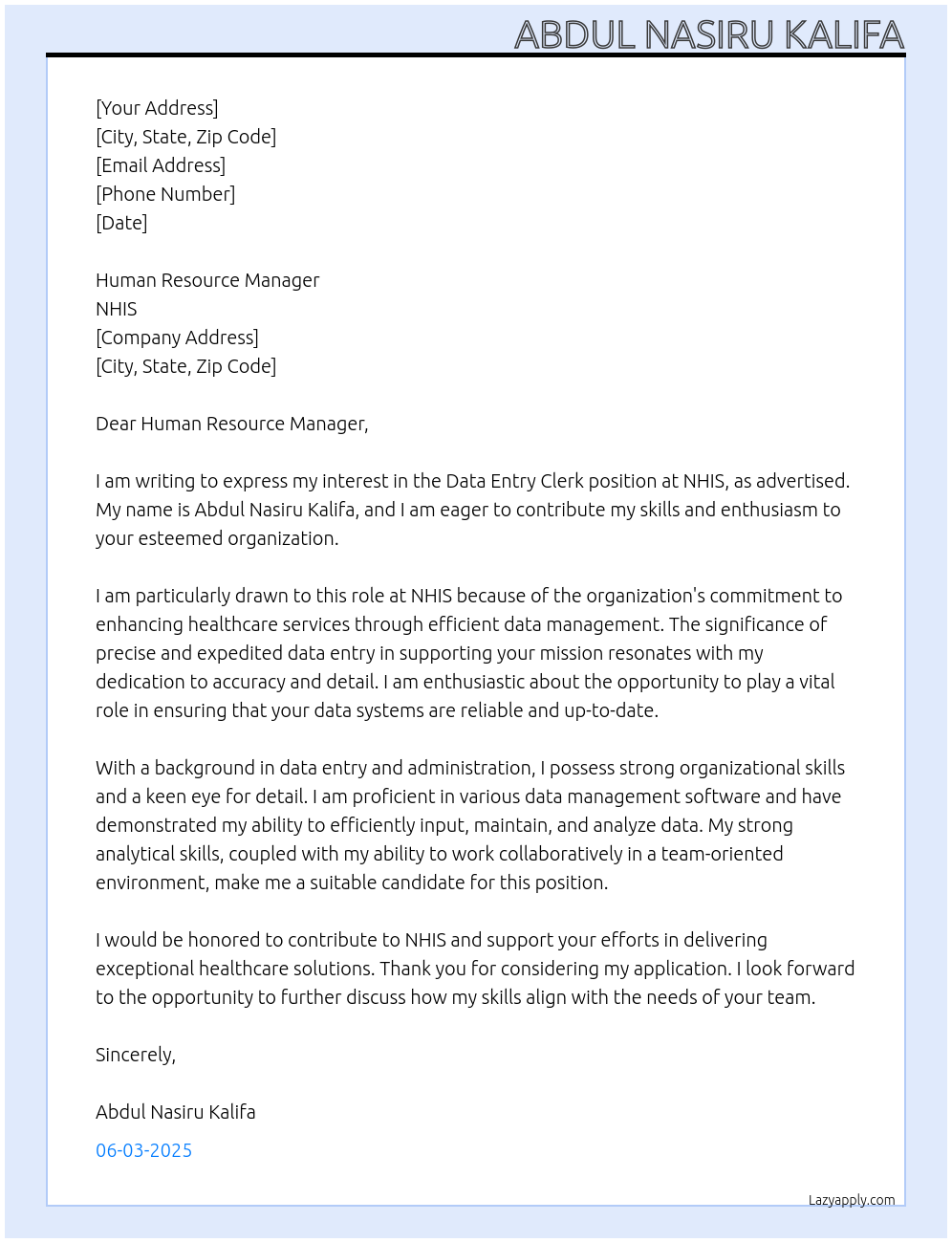 Data Entry Clerk At NHIS Cover Letter