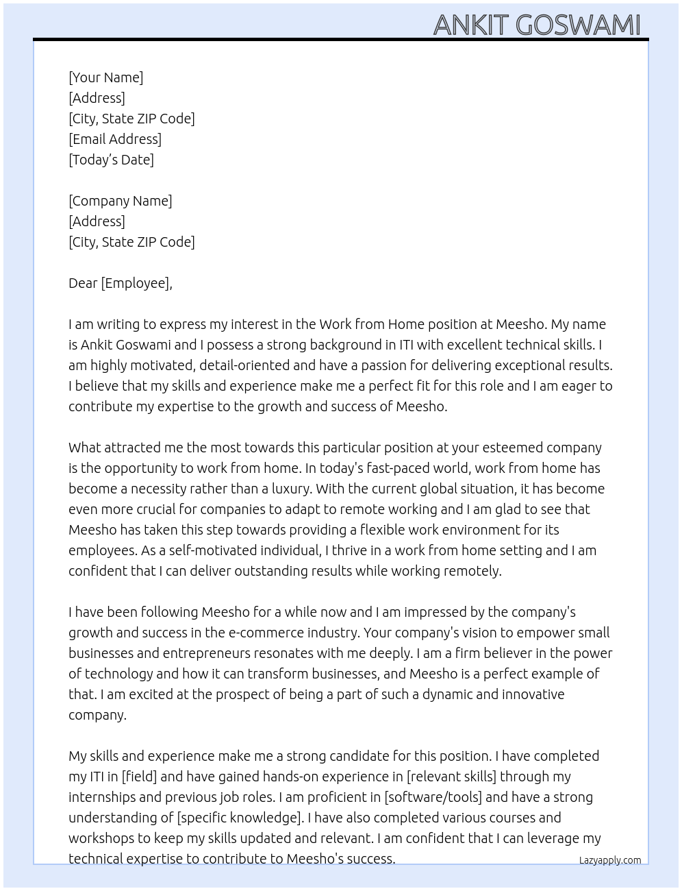 Work from home At Meesho Cover Letter