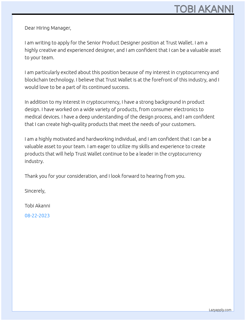 Senior product designer At Trust Wallet Cover Letter