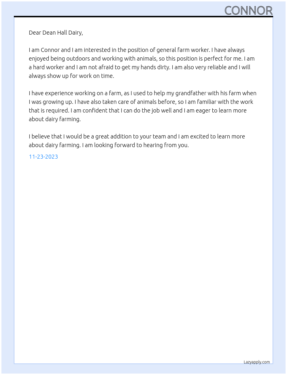 general farm worker At Dean Hall Dairy Cover Letter