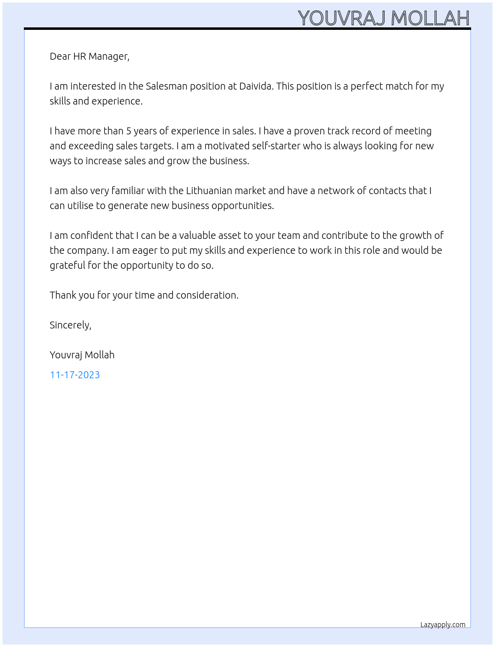 Salesman At Daivida Cover Letter