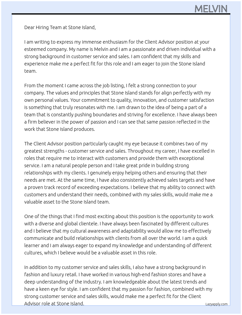 Client Advisor At Stone Island Cover Letter