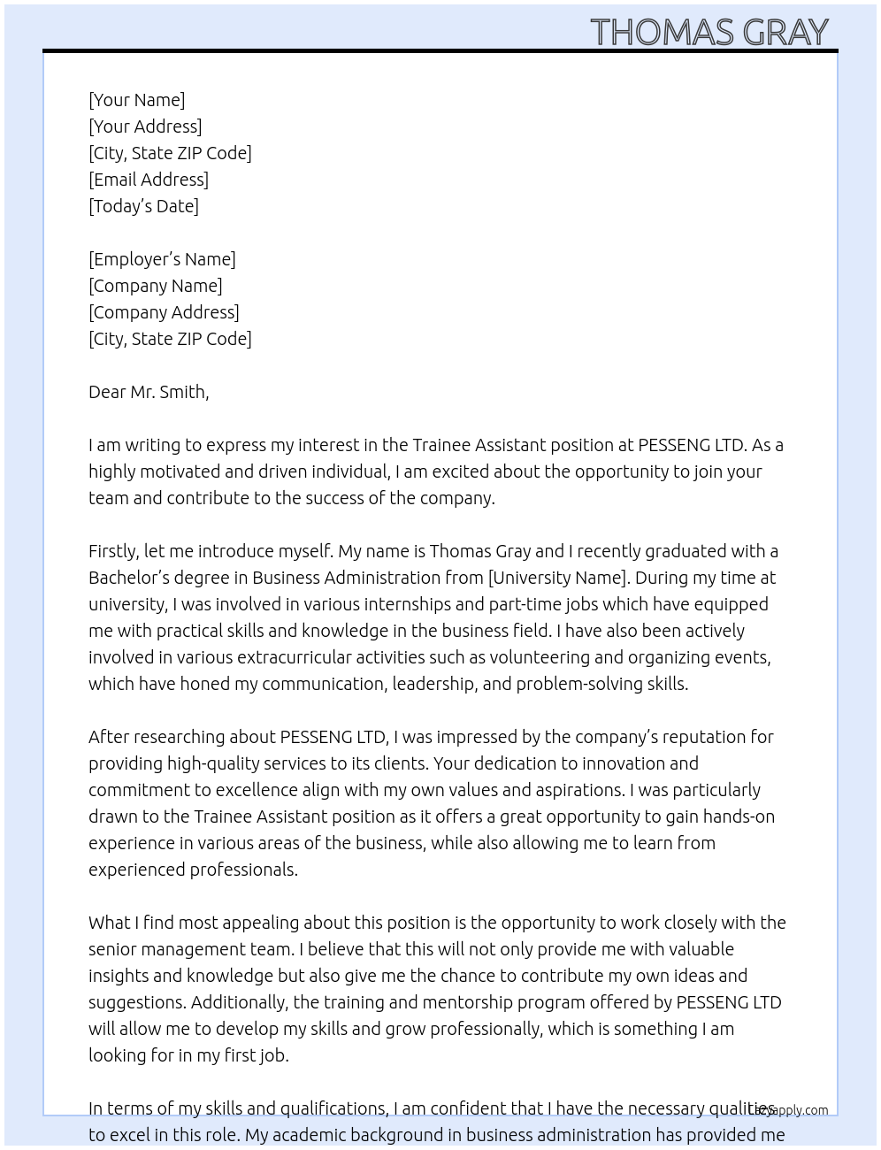 Trainee Assistant At PESSENG LTD Cover Letter