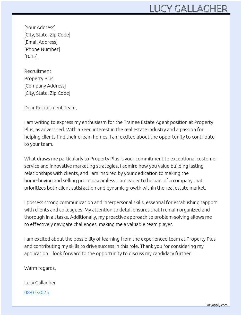 Cover letter for trainee estate agent - LazyApply