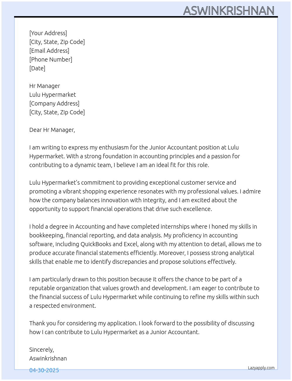 Junior accountant At Lulu hypermarket Cover Letter