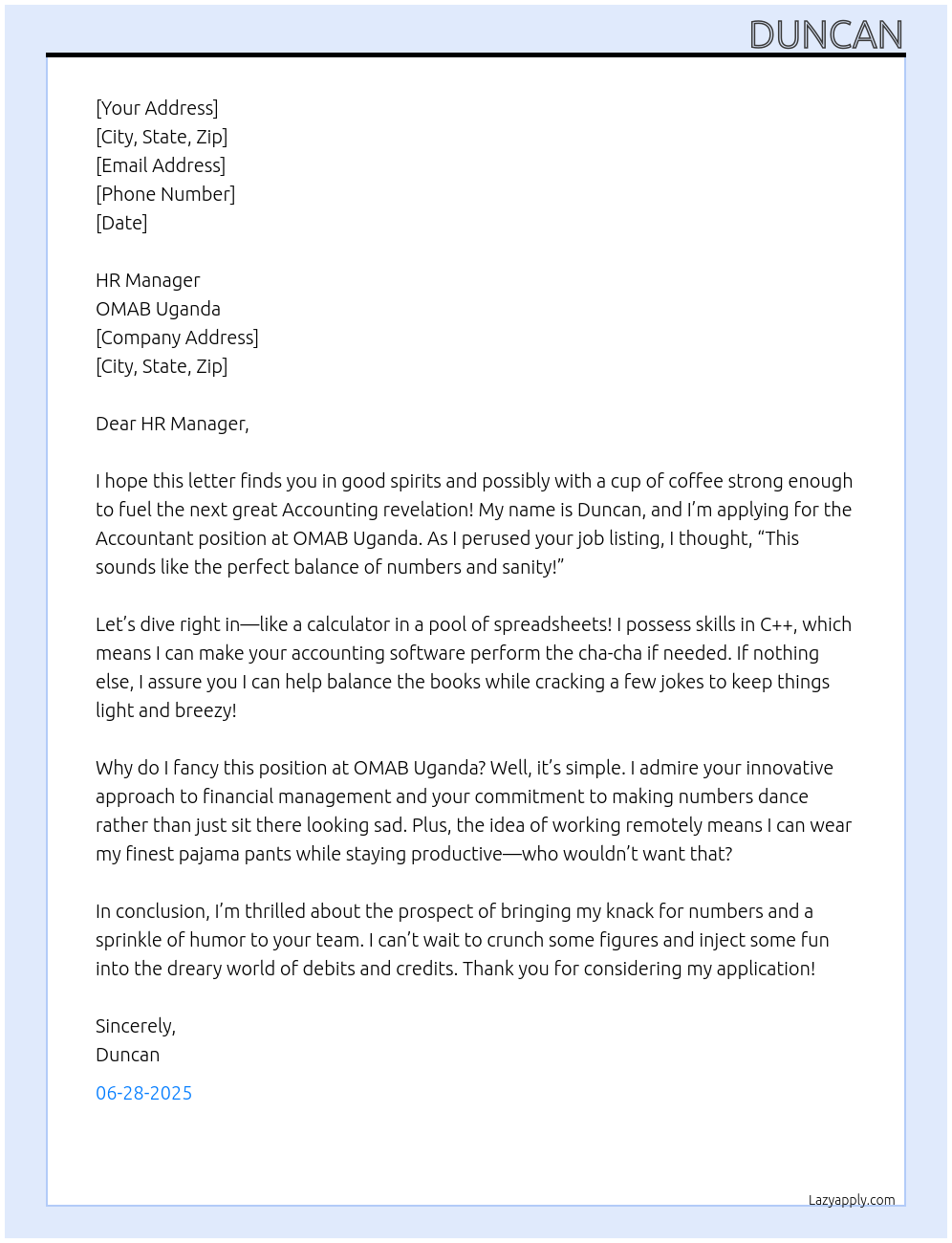 Accountant  At OMAB Uganda  Cover Letter