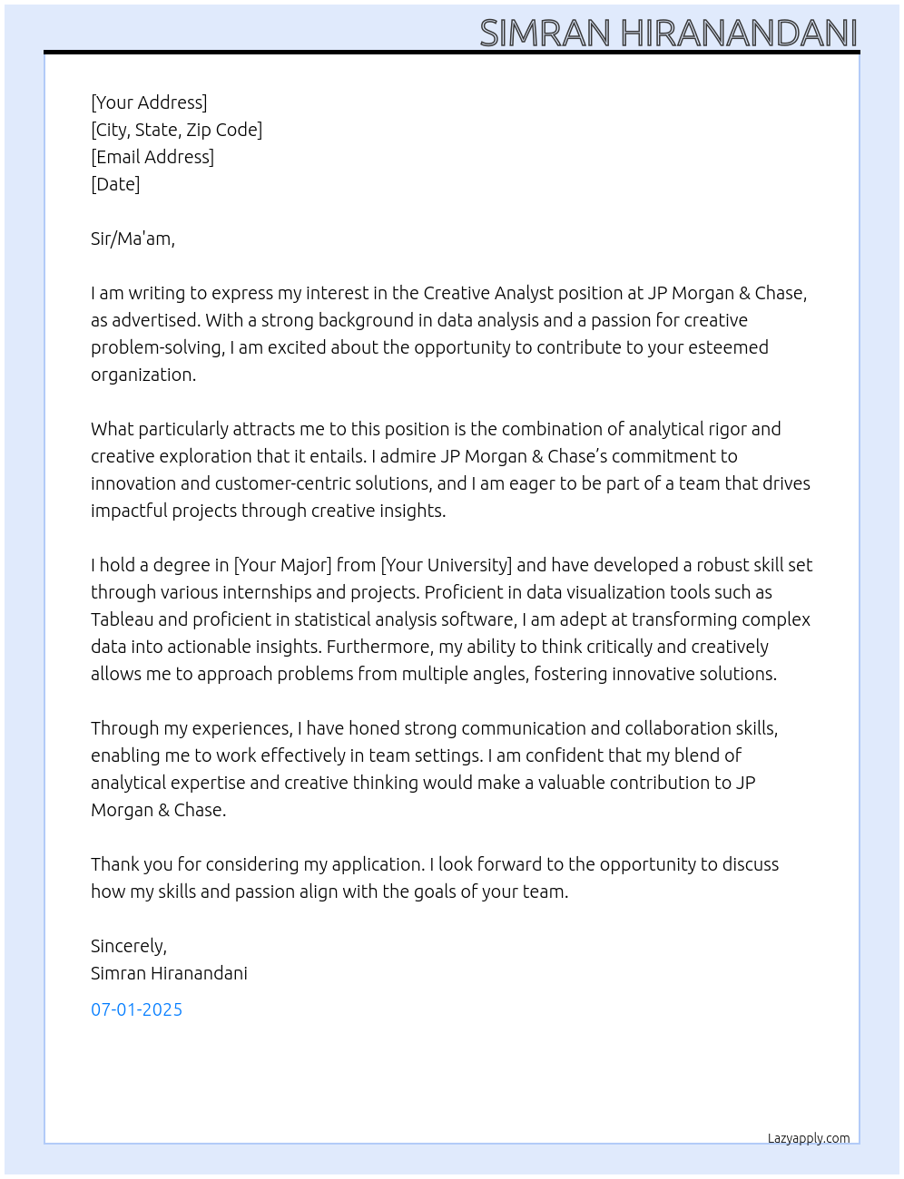 Creative Analyst At JP Morgan & Chase Cover Letter