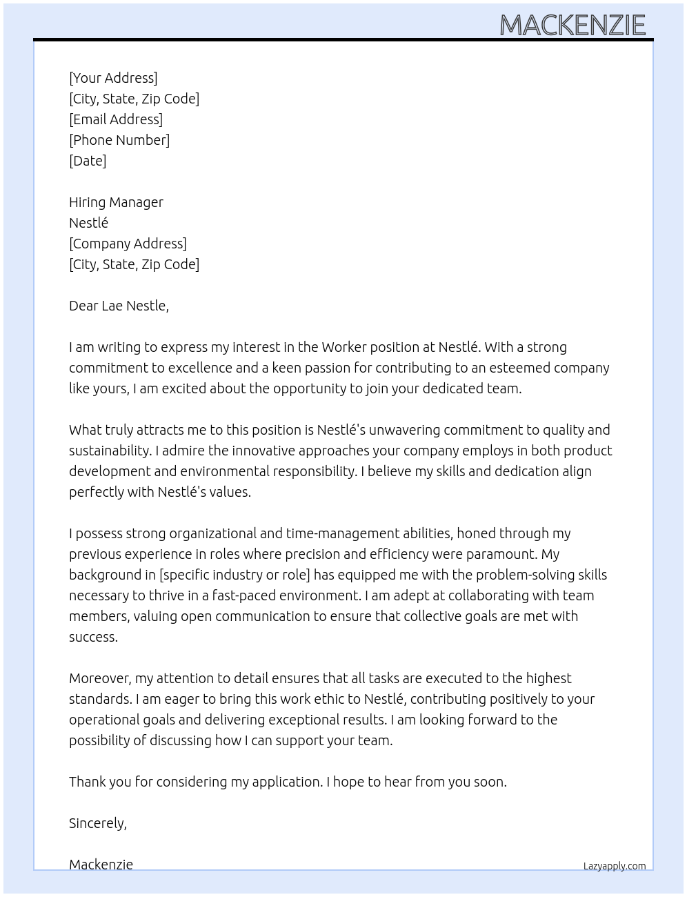 Worker At Nestle Cover Letter