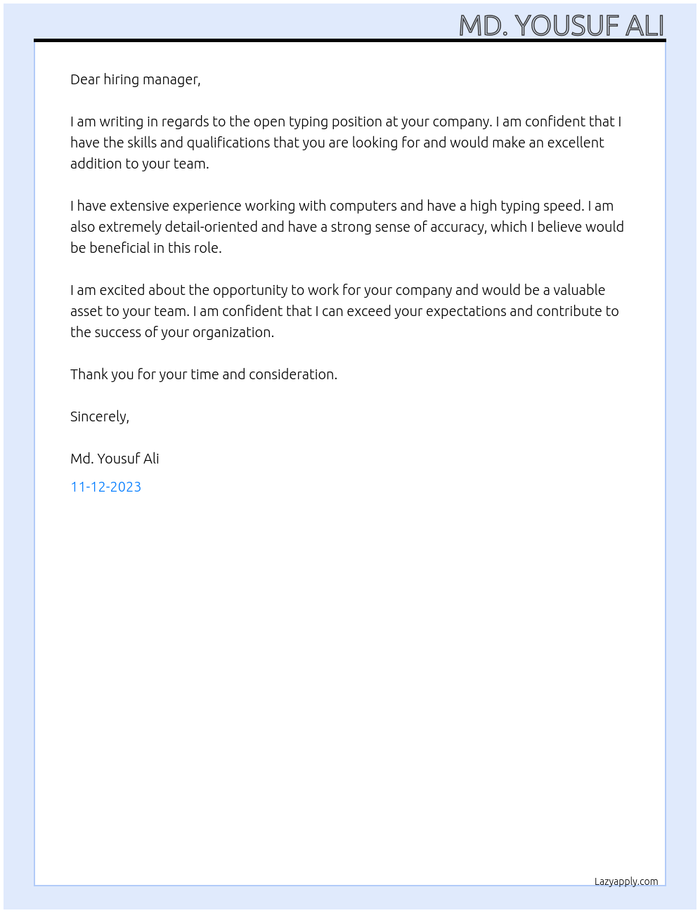 typing At xxx Cover Letter