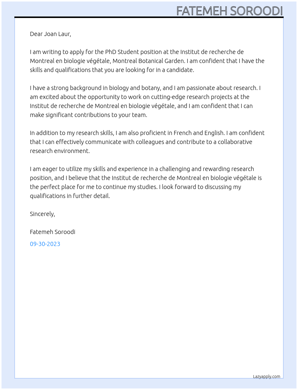 PhD Student At Institut de recherche de Montreal en biologie végétale, Montreal Botanical Garden Cover Letter