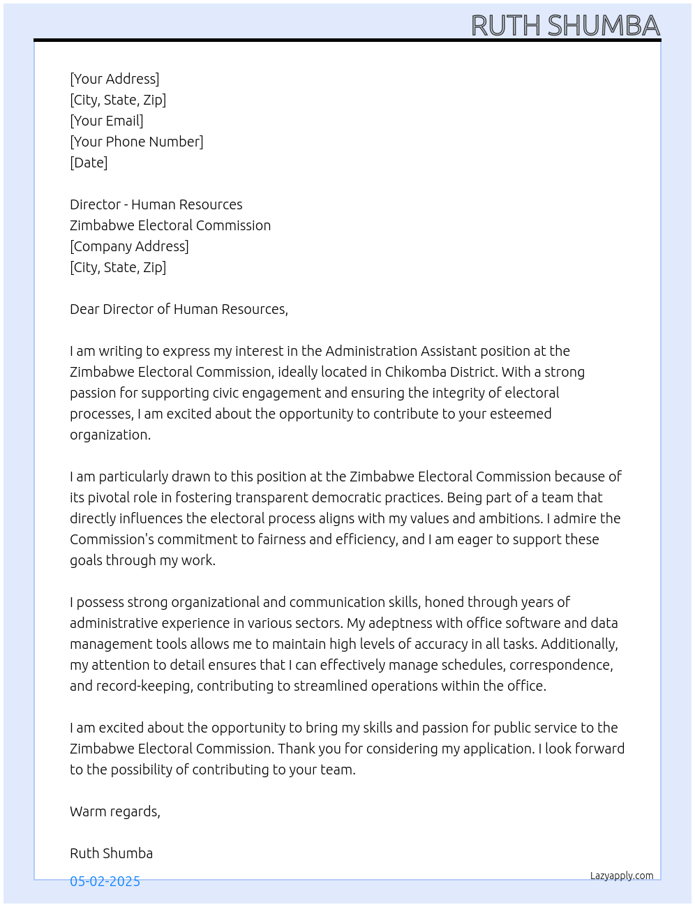 Administration assistant At Zimbabwe Electoral Commission Cover Letter