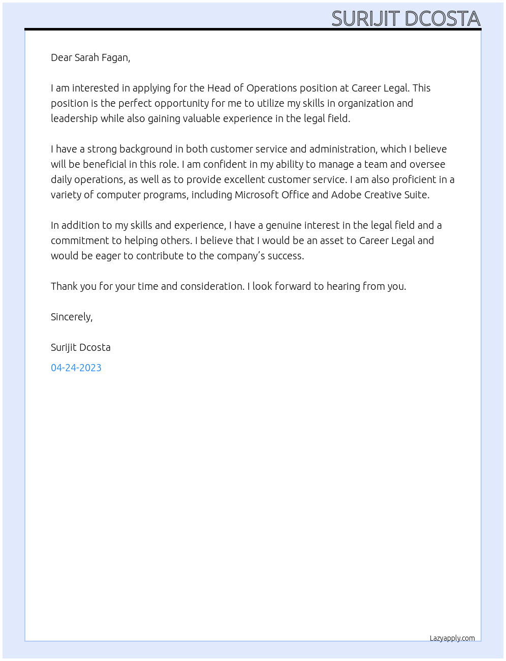 Head of Operations At Career Legal Cover Letter