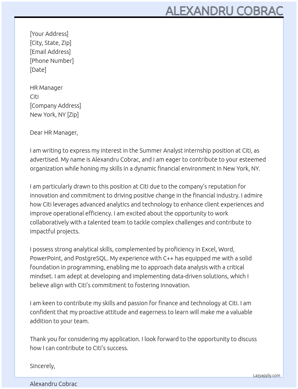 Summer Analyst At Citi Cover Letter