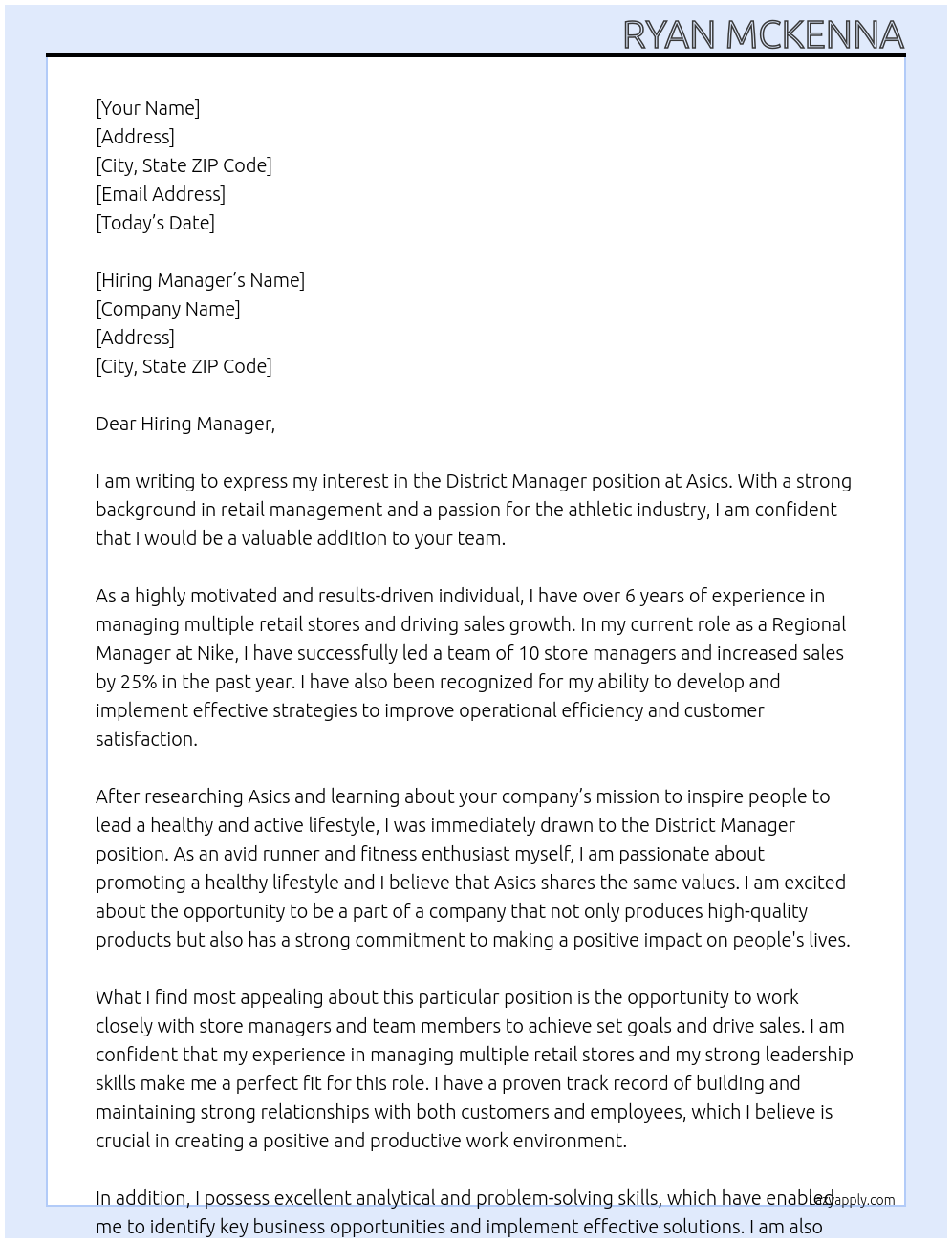 District Manager At Asics Cover Letter