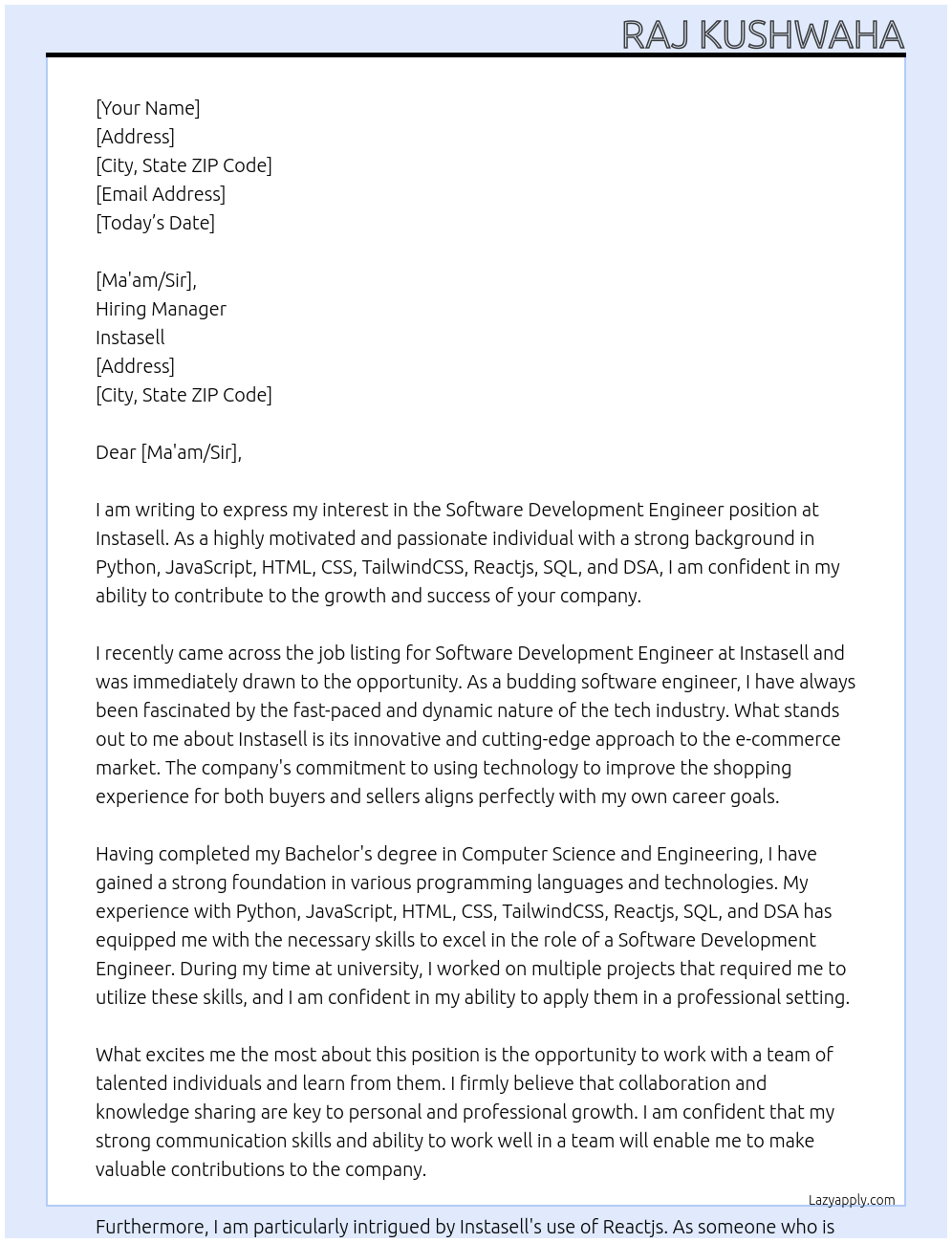 Software Development Engineer At Instasell Cover Letter