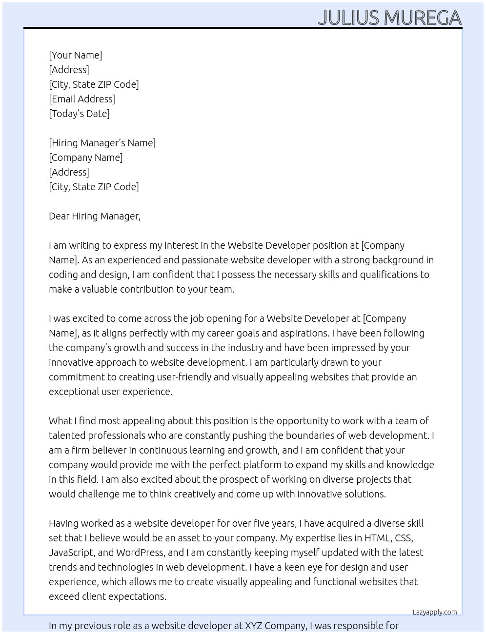 Website Developer At your company Cover Letter