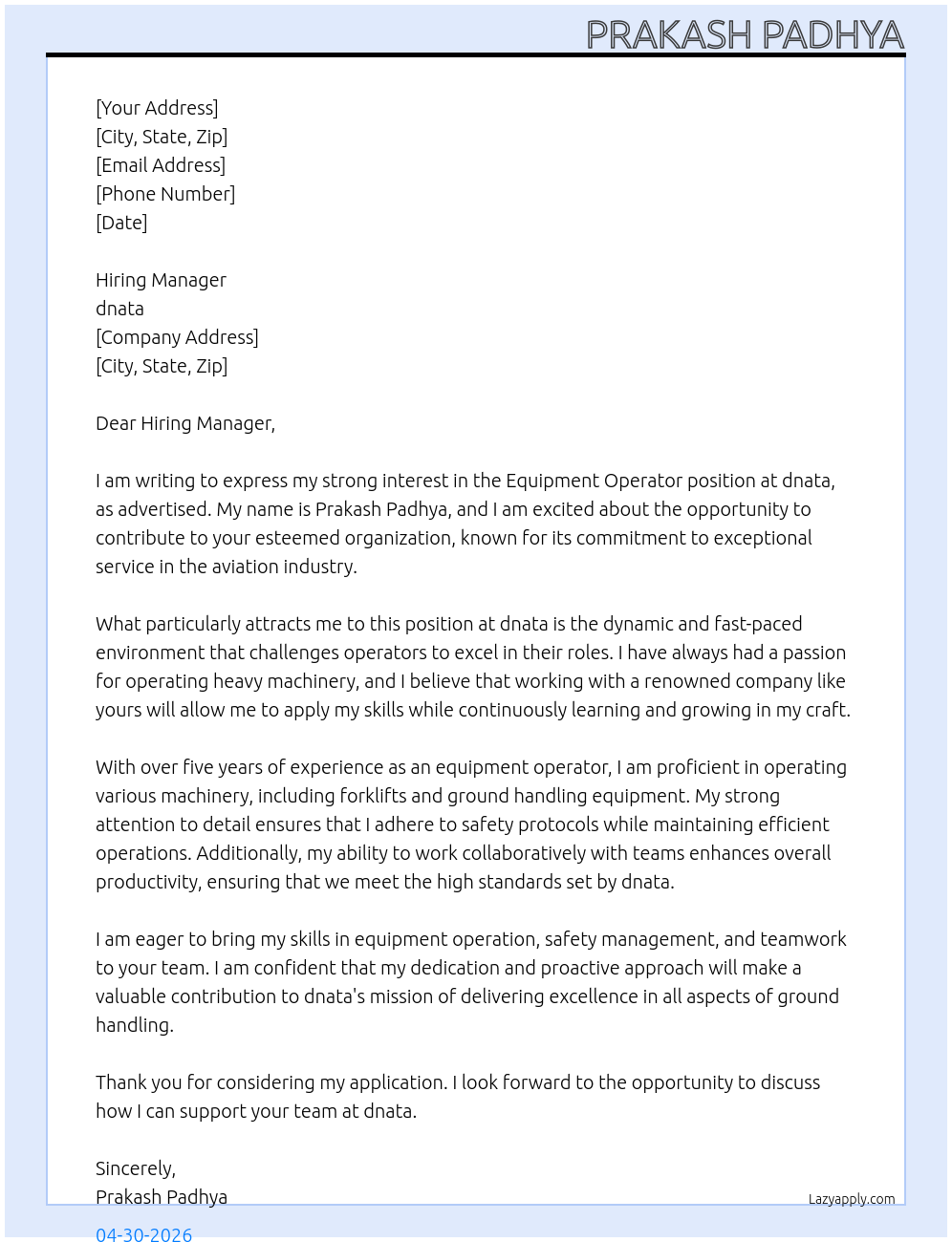 equipment operator At dnata Cover Letter