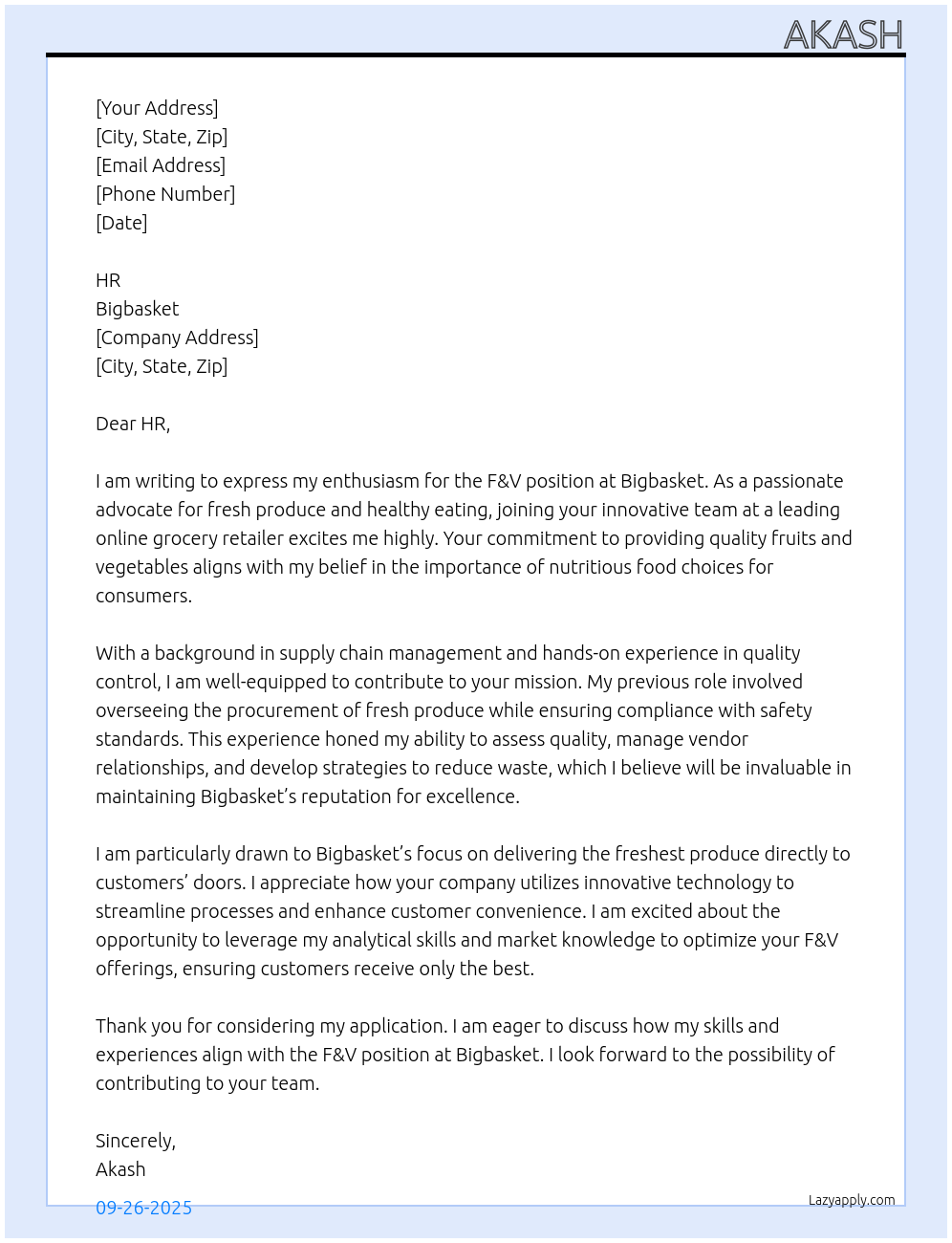 F&V At Bigbasket  Cover Letter