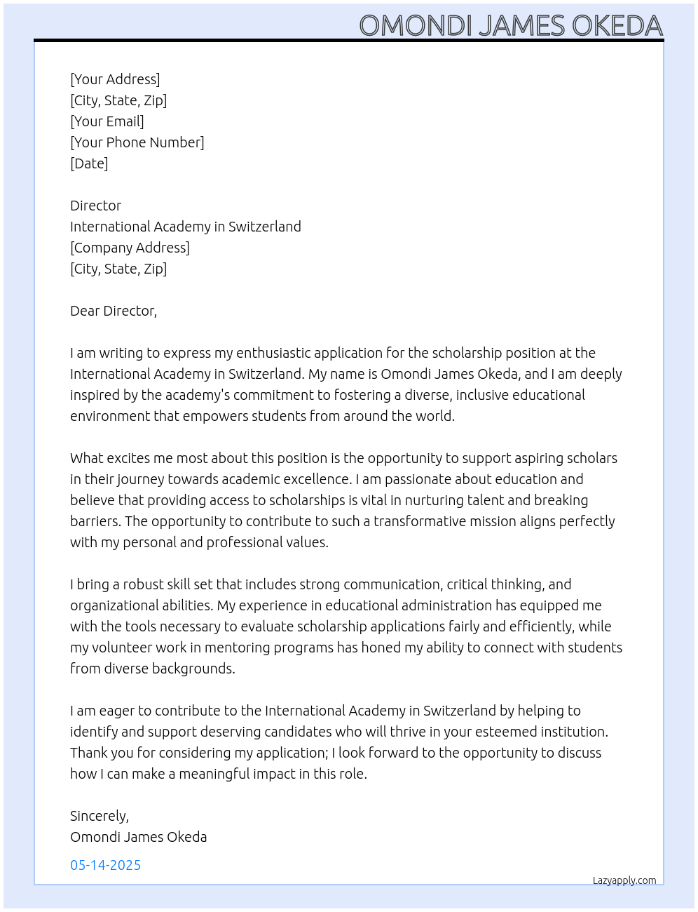 Scholarship At International academy in Switzerland Cover Letter