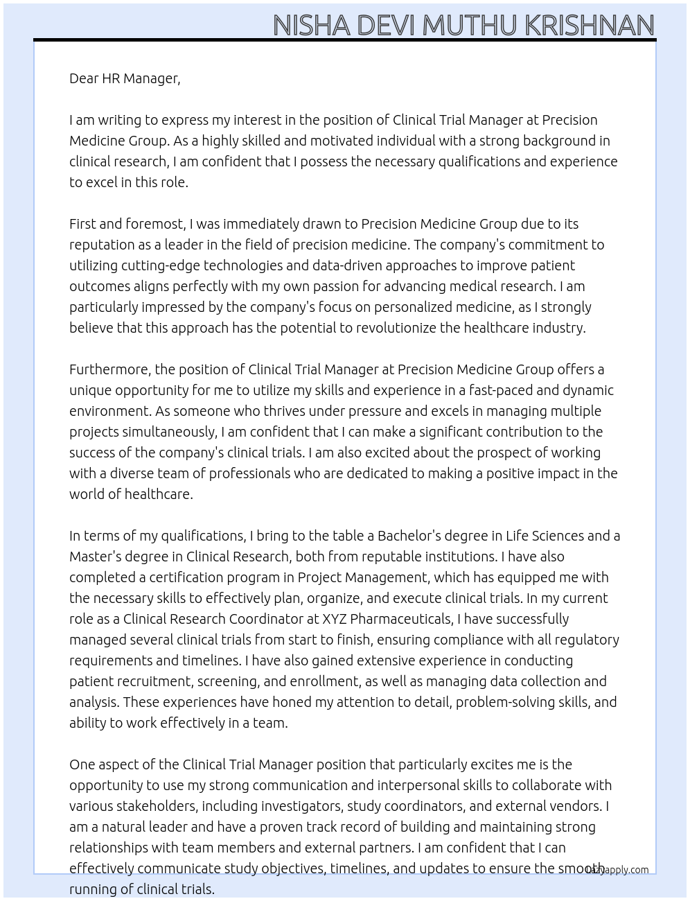 Clinical Trial Manager At Precision Medicine Group Cover Letter