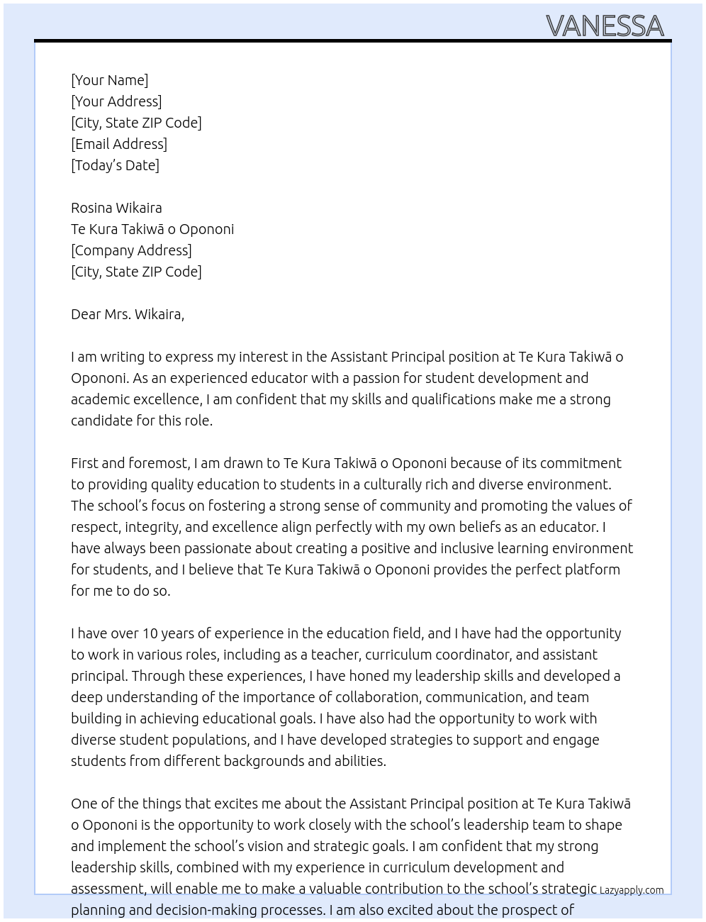 Assistant Principal At Te Kura Takiwā o Opononi Cover Letter