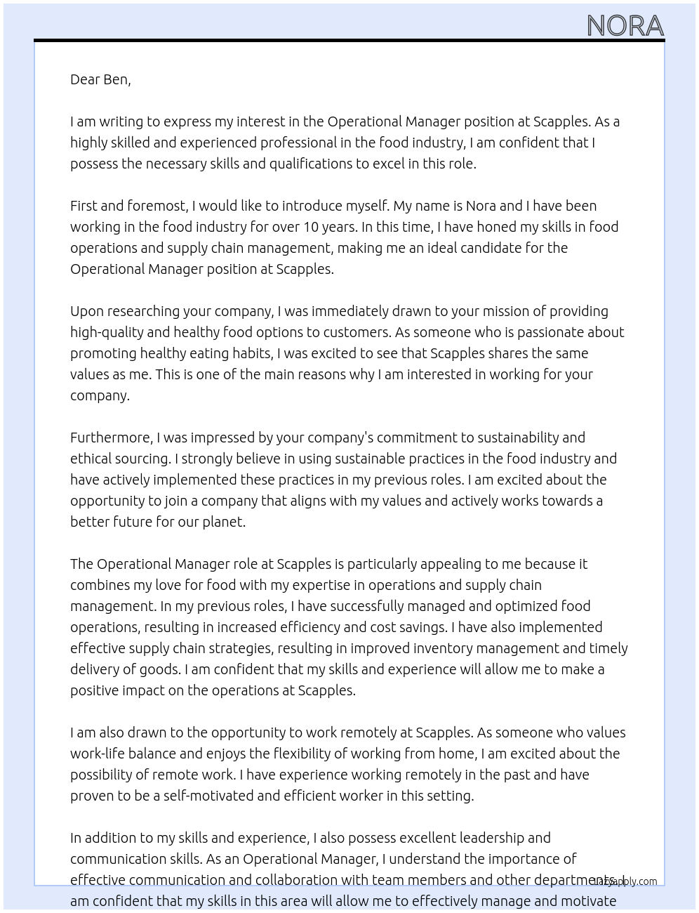 Operational Manager At scapples Cover Letter