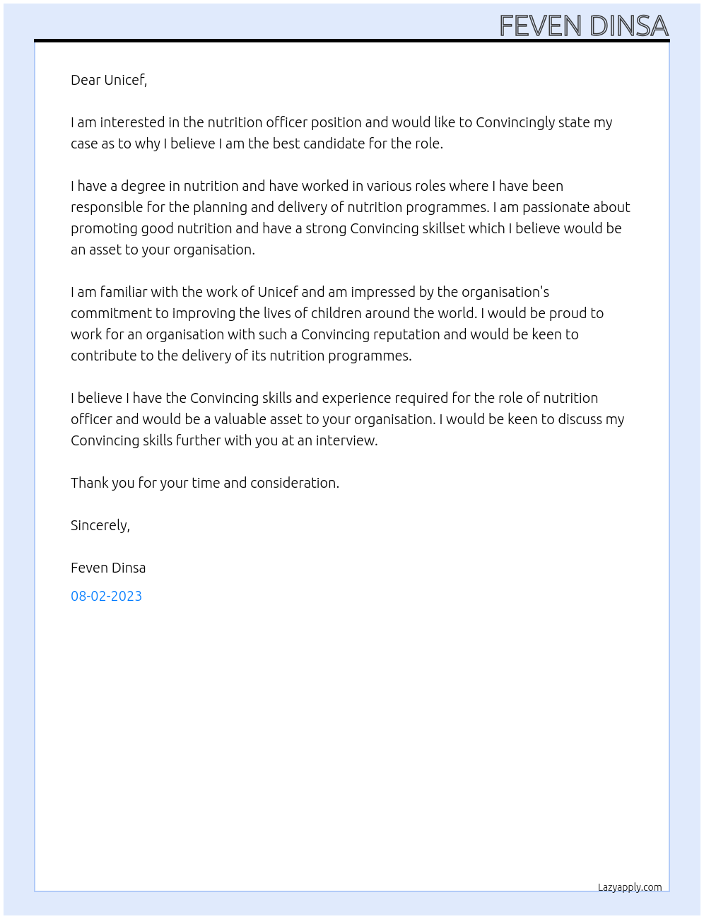 nutrition officer At Unicef Cover Letter