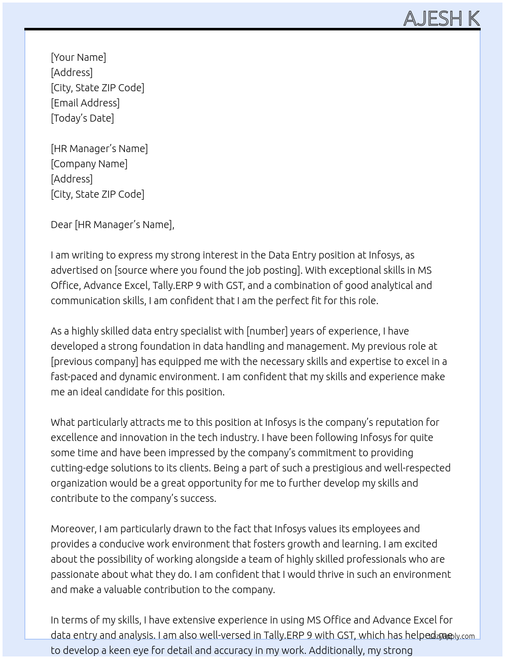 Data entery  At Infosys Cover Letter