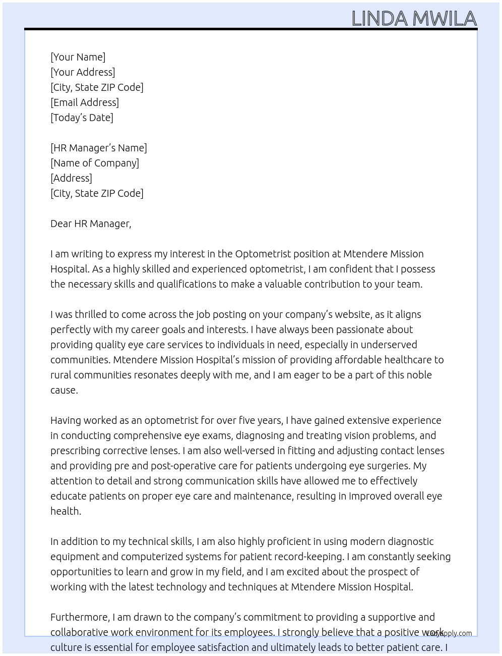Optometrist At Mtendere Mission Hospital Cover Letter
