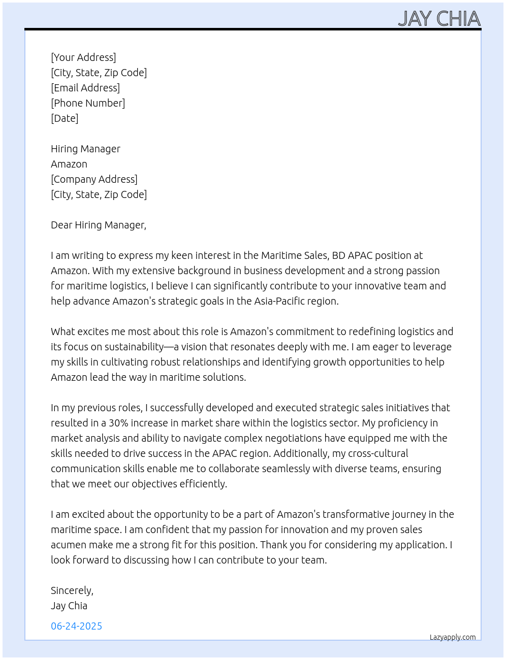 Maritime Sales, BD APAC At Amazon Cover Letter